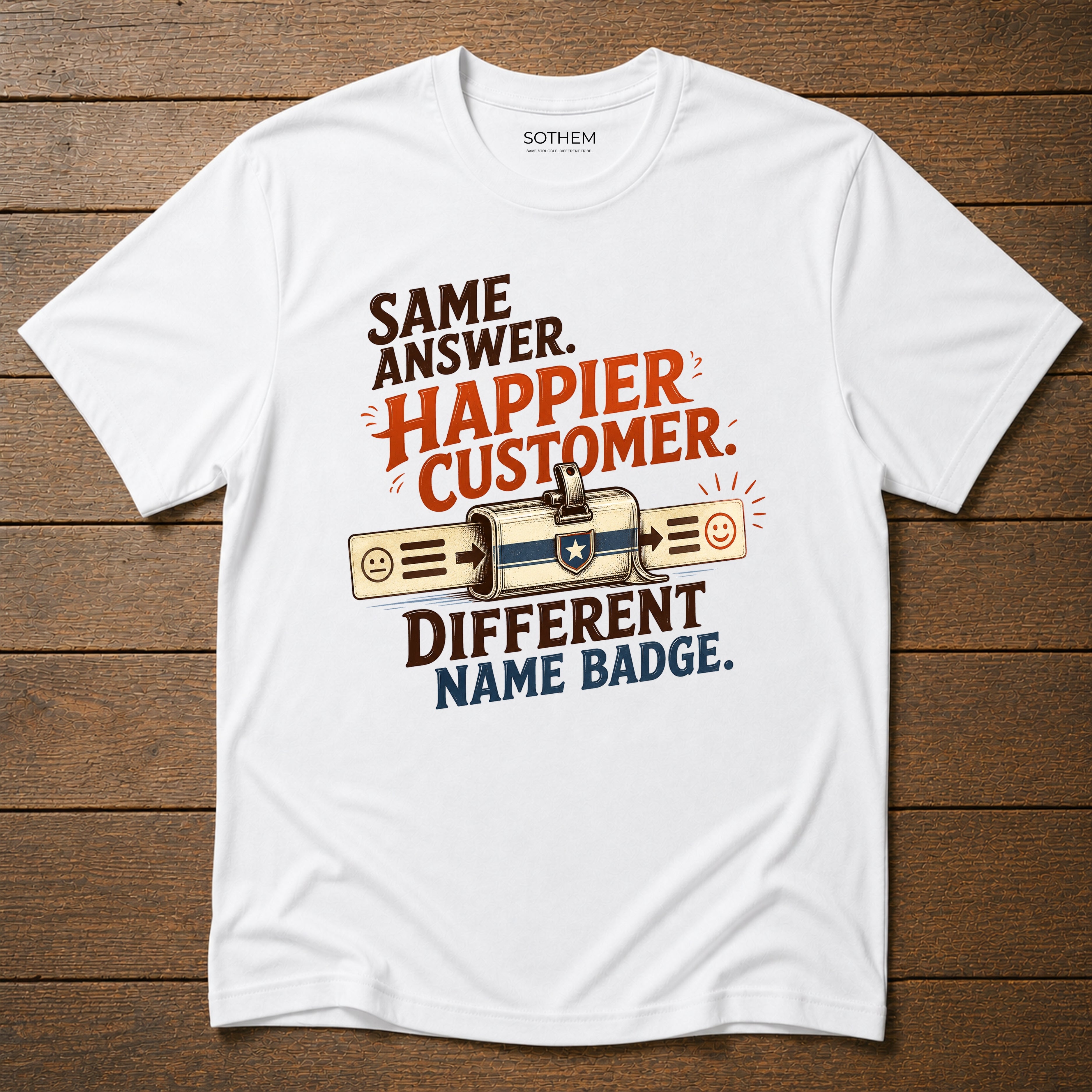 Same Answer. Happier Customer. Different Name Badge Tee