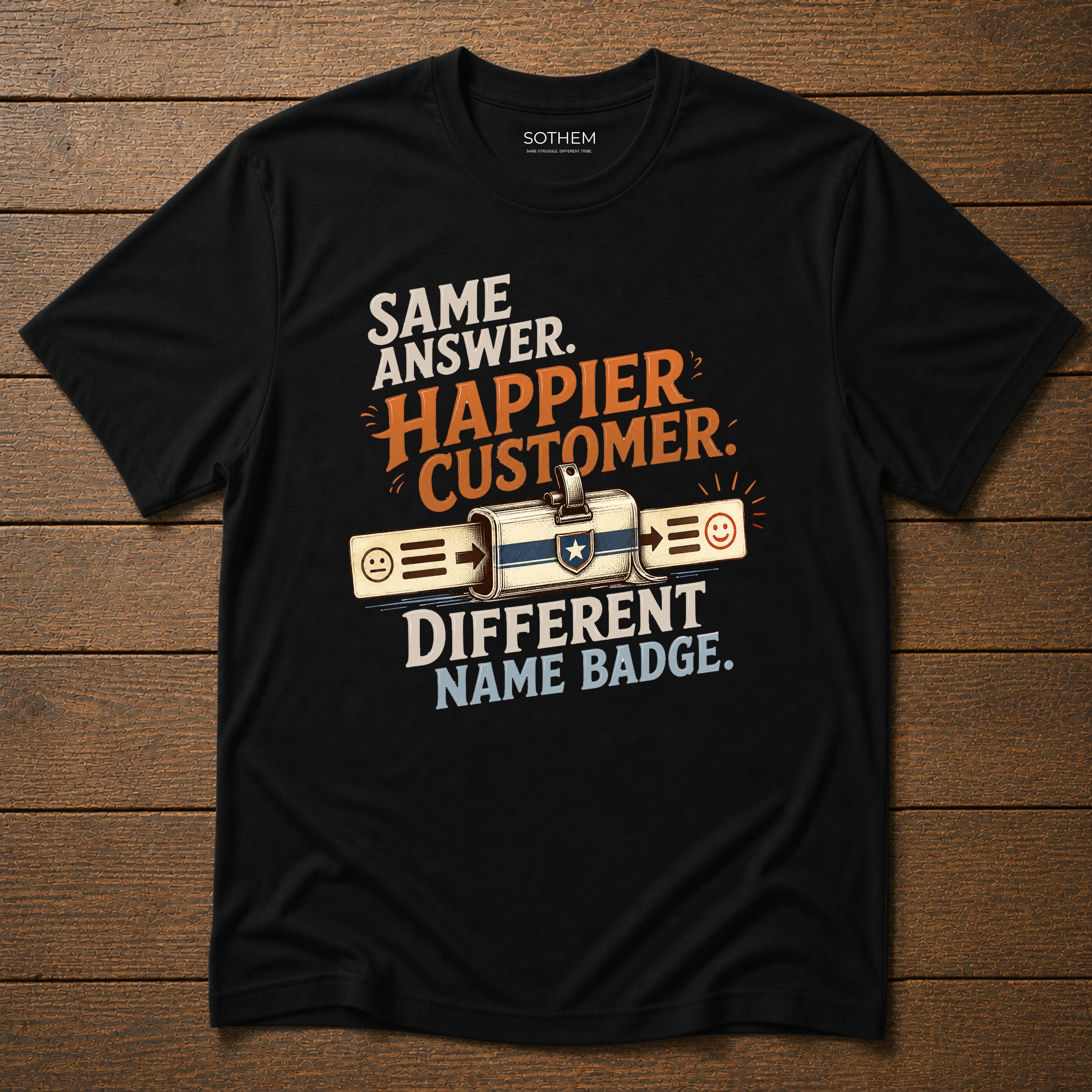 Same Answer. Happier Customer. Different Name Badge Tee