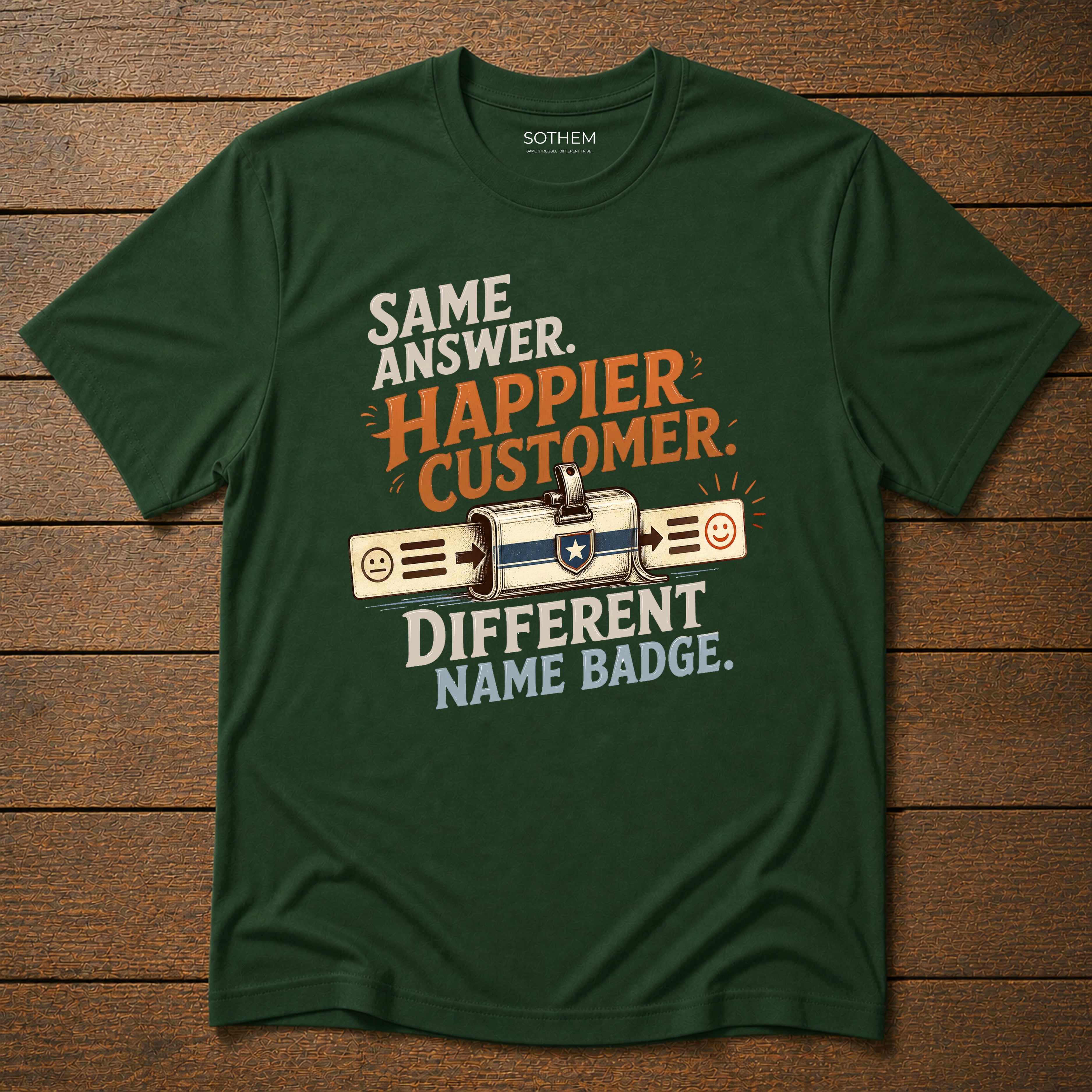 Same Answer. Happier Customer. Different Name Badge Tee