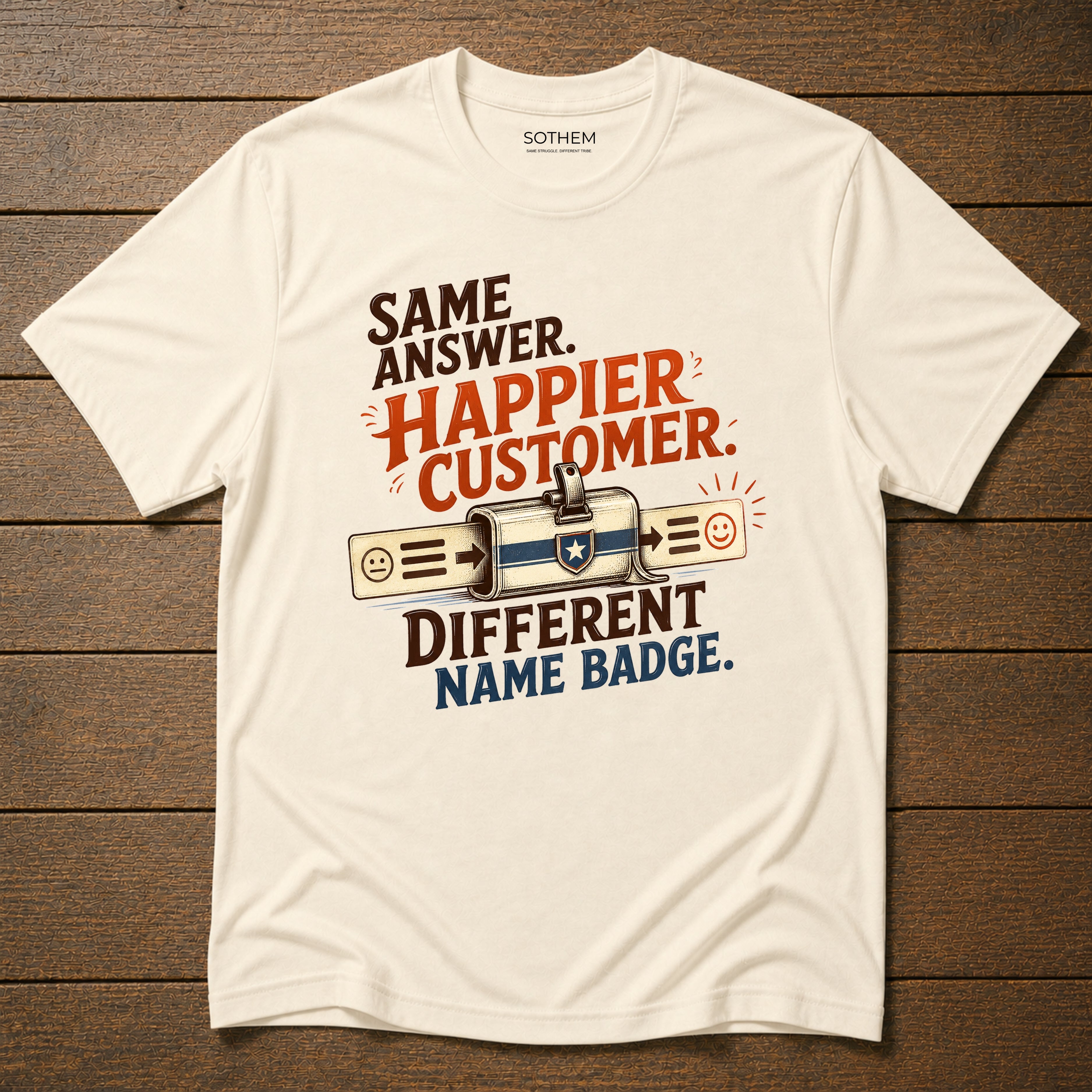 Same Answer. Happier Customer. Different Name Badge Tee