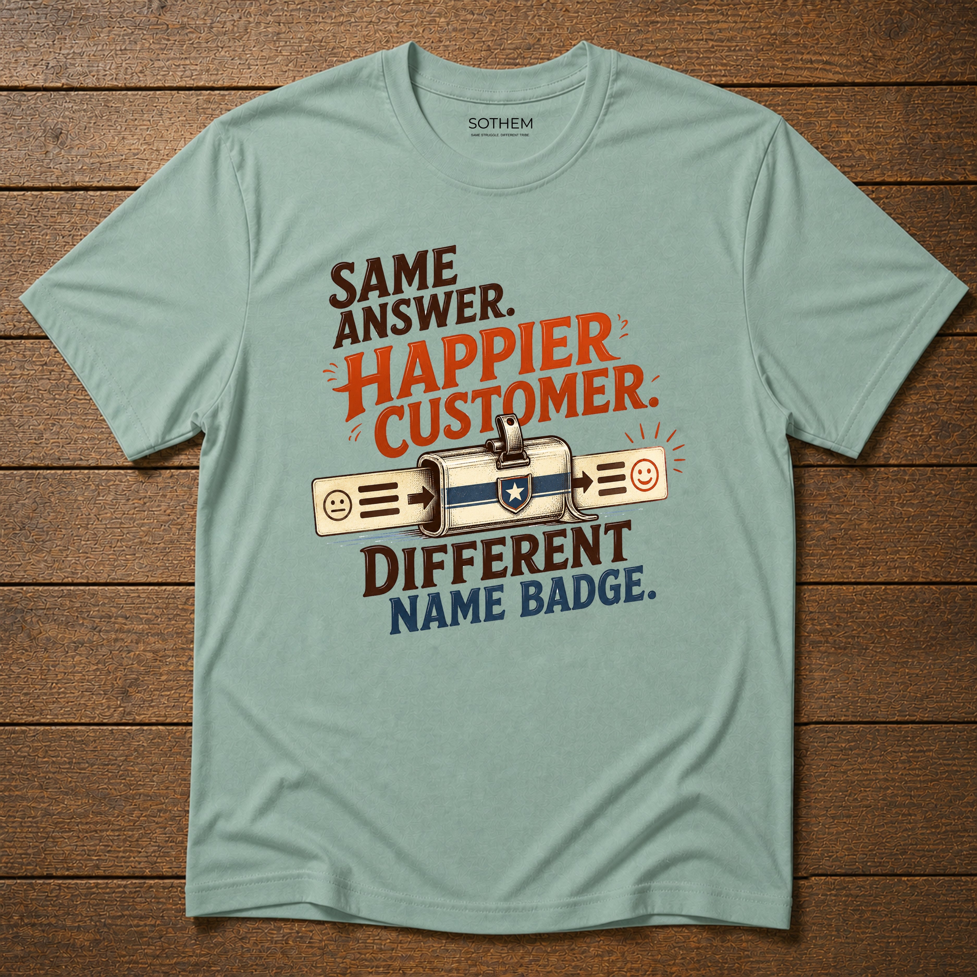 Same Answer. Happier Customer. Different Name Badge Tee